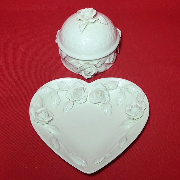 VTG Godinger Porcelain White Rose Dish & Trinket Box - Picture 1 of 14